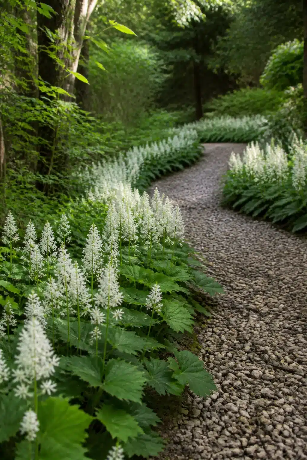 White tiarella foam flowers lining a pebble woodland garden path with flowers through a shaded green space