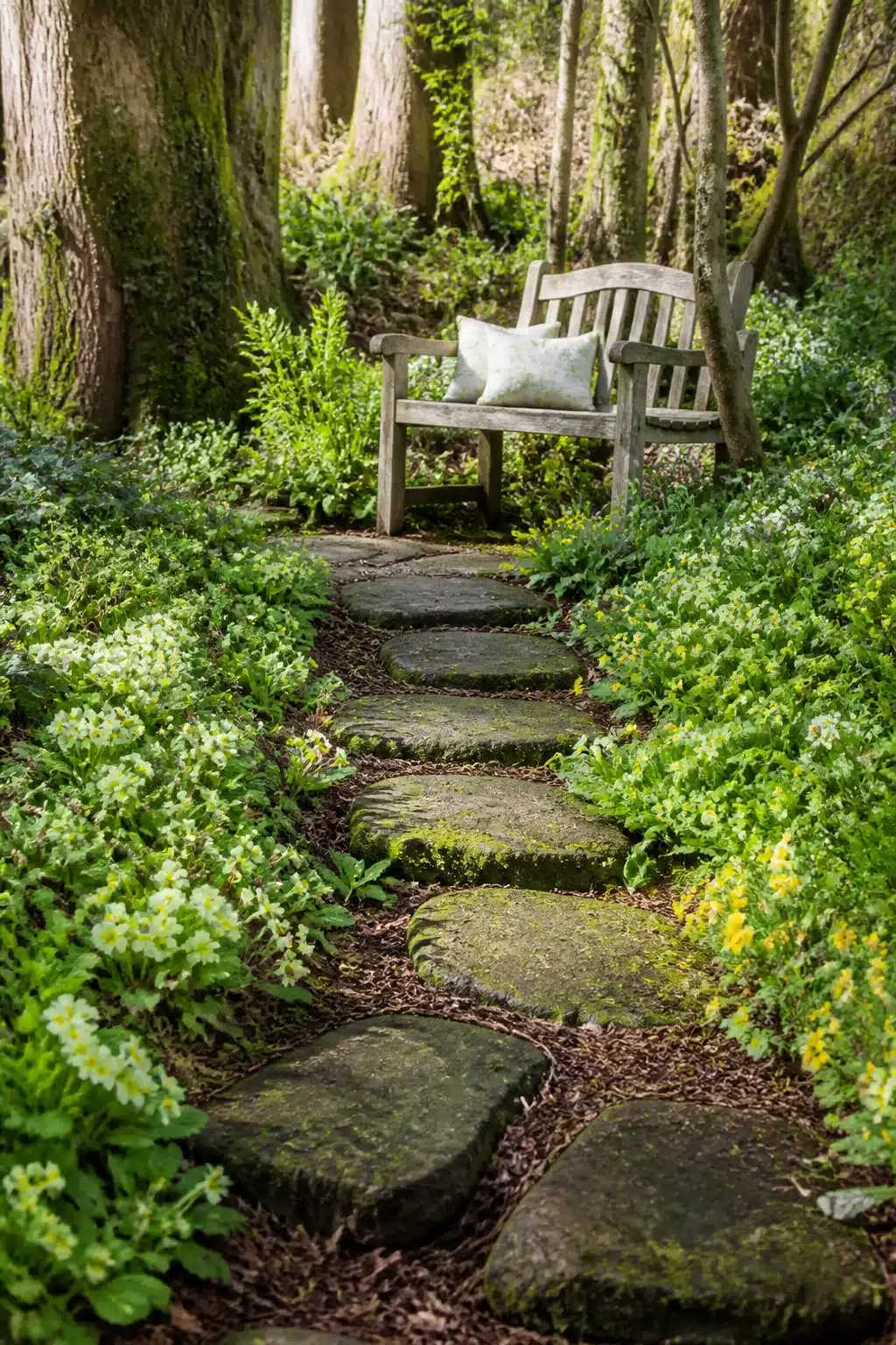 Mossy stepping stone woodland garden path with flowers, primrose borders and a weathered bench among trees