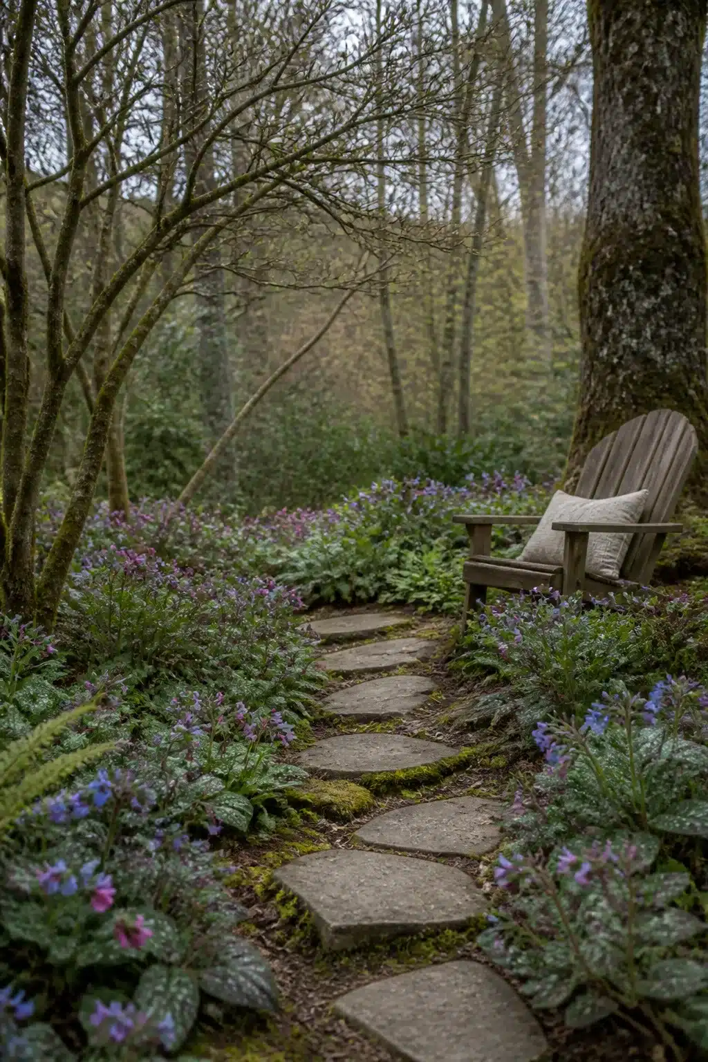 Moss-edged stepping stone woodland garden path with flowers lined with pulmonaria and ferns leading to an Adirondack chair