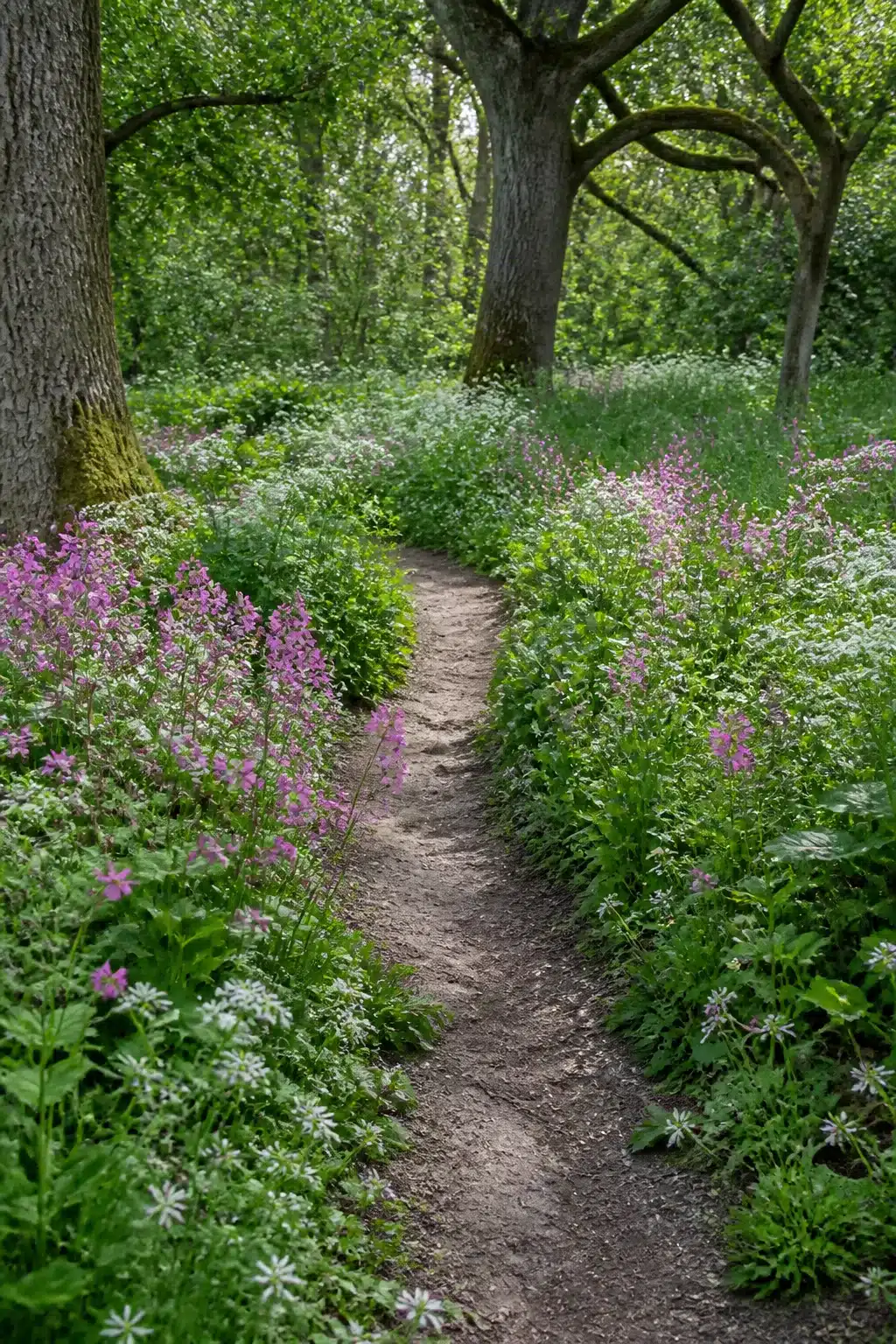 Narrow dirt trail through oak woodland lined with pink campion — woodland garden paths with flowers at their most natural