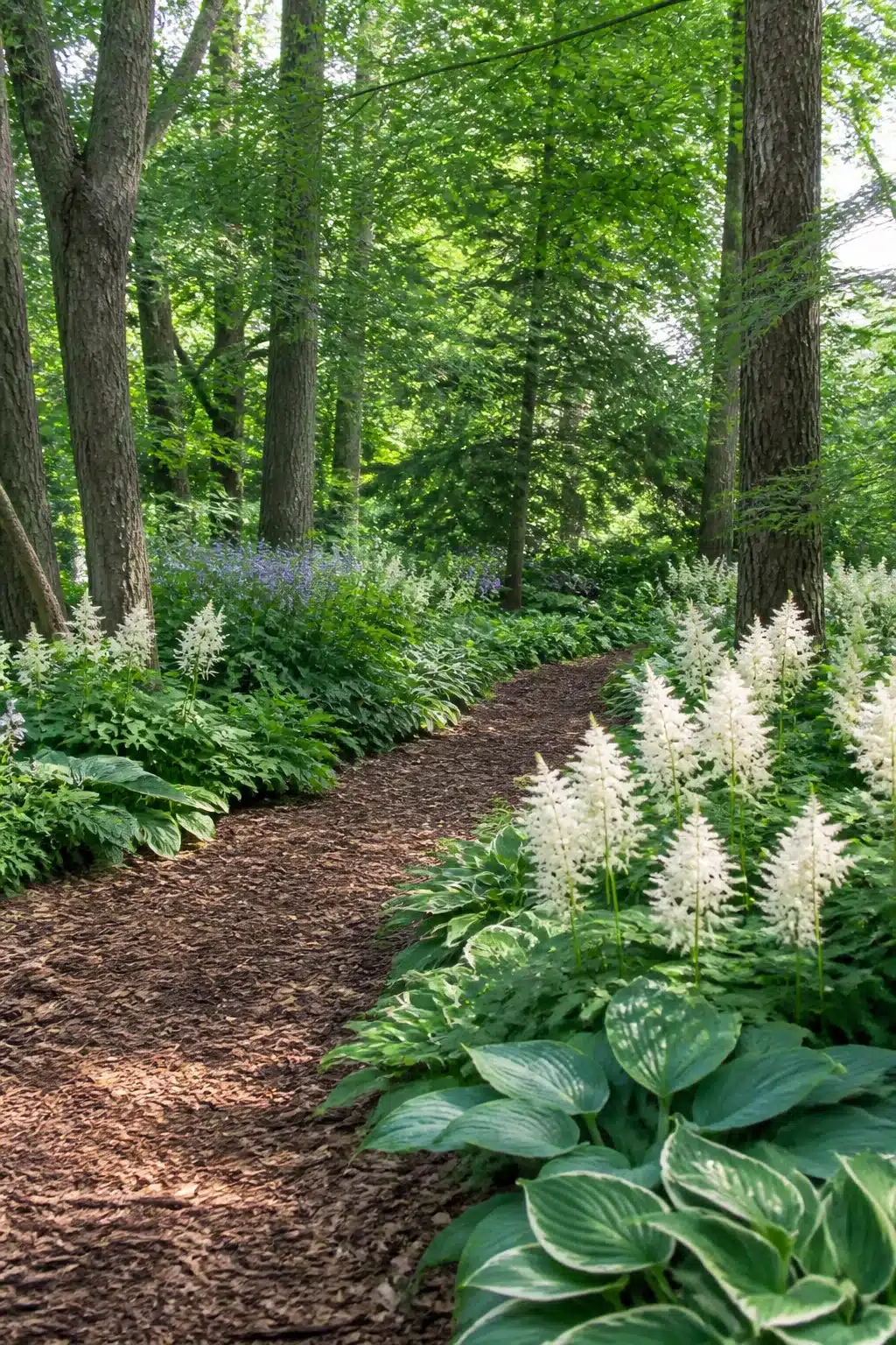 White astilbe and hosta-bordered bark mulch woodland garden path with flowers winding through tall trees