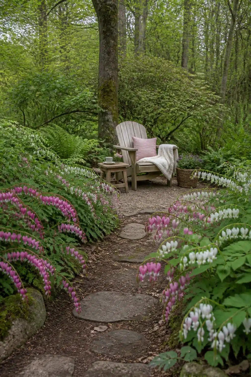 Woodland garden path with flowers — bleeding heart blooms lining round stepping stones leading to an Adirondack chair