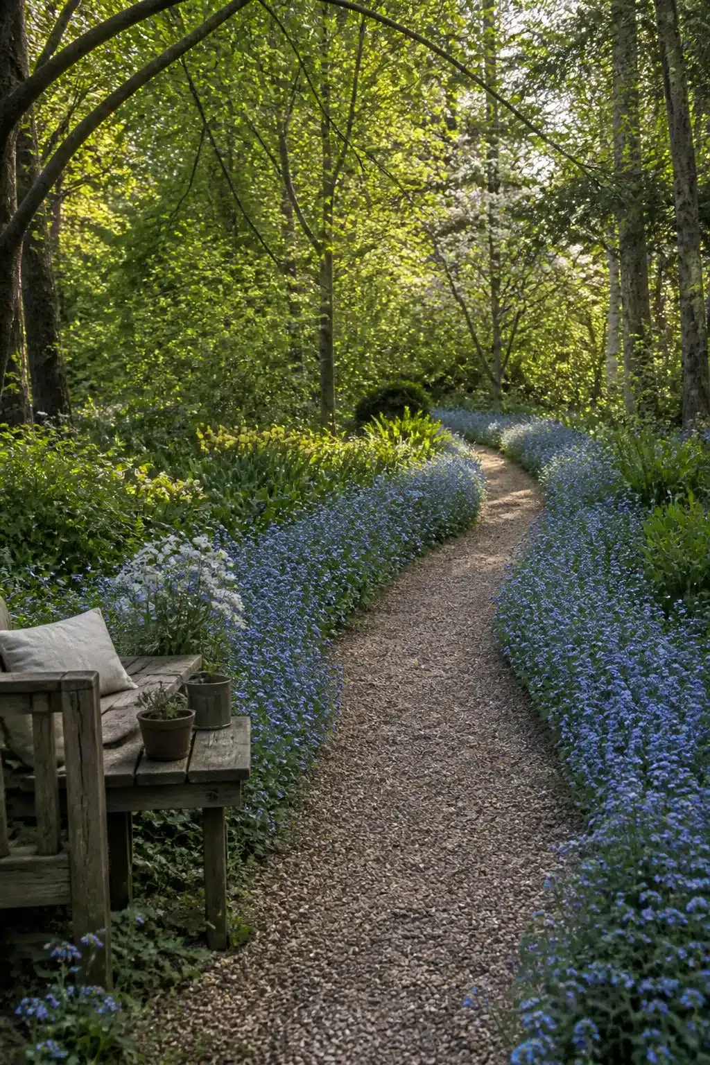 Forget-me-not bordered gravel woodland garden path with flowers winding through dappled trees in spring