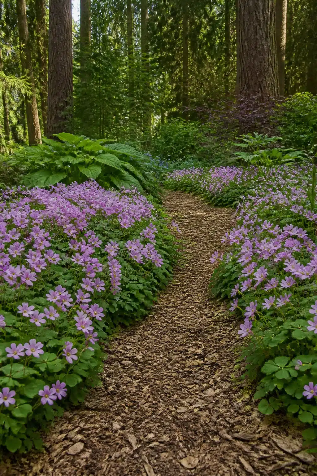 Purple anemone drifts lining a bark chip woodland garden path with flowers under tall conifers