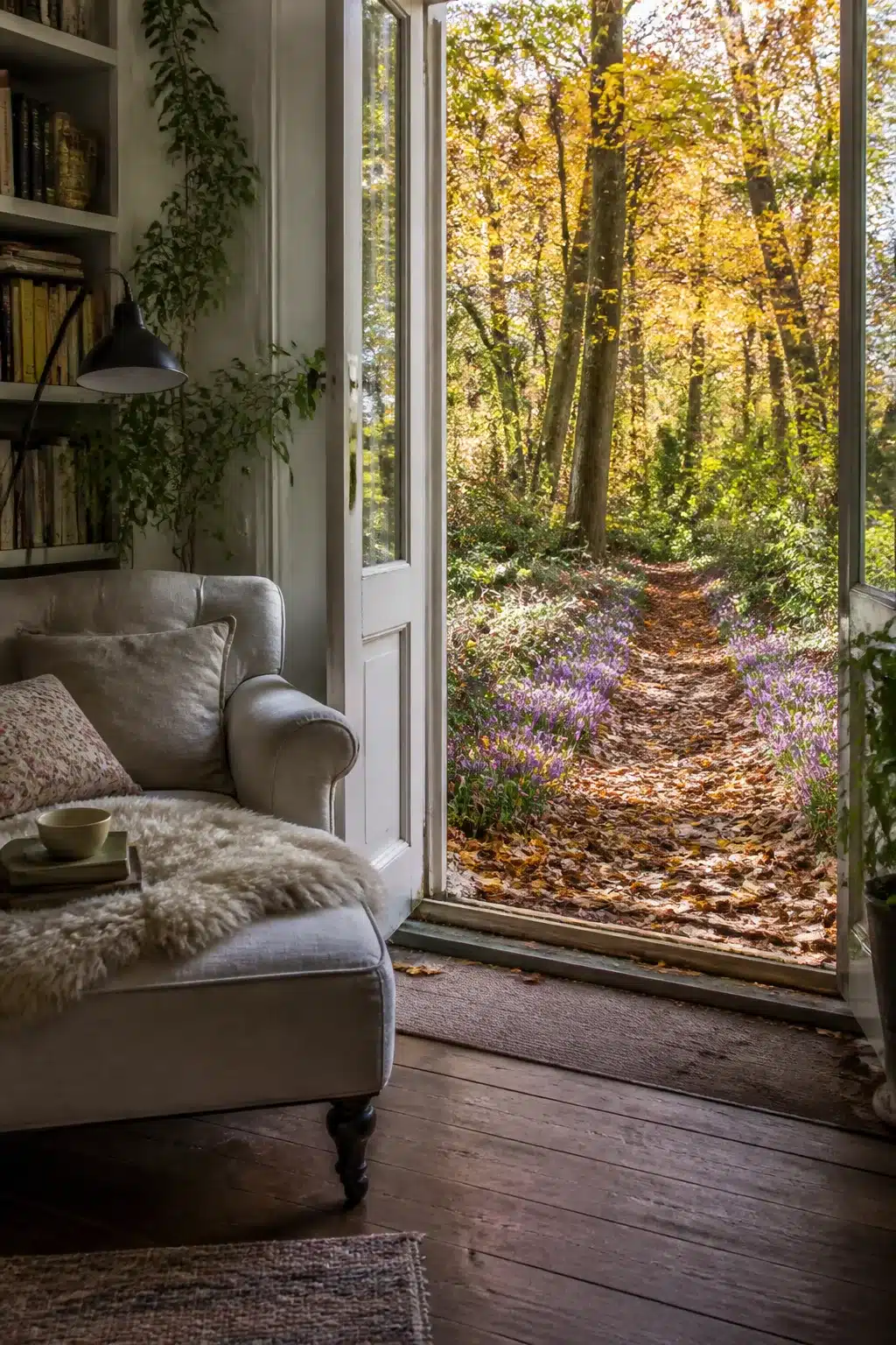 Woodland garden path with flowers — purple crocus drifts lining a fallen leaf earth trail through autumn trees.