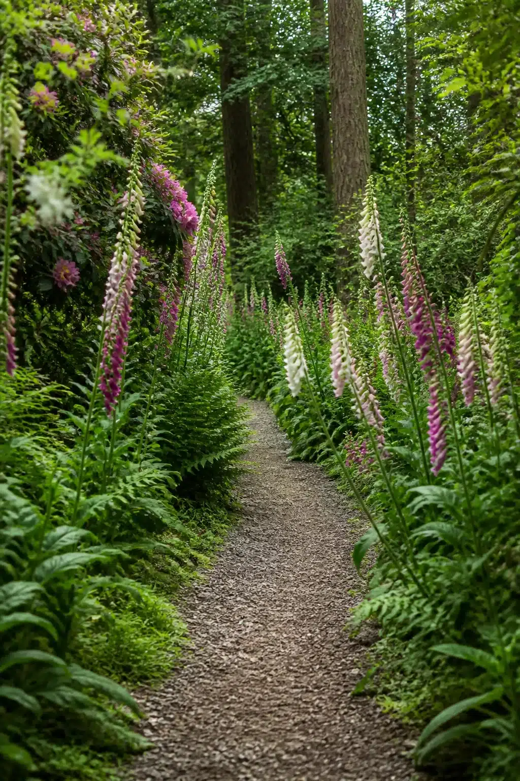 Pink and white foxgloves lining a gravel woodland garden path with flowers and ferns under tall trees