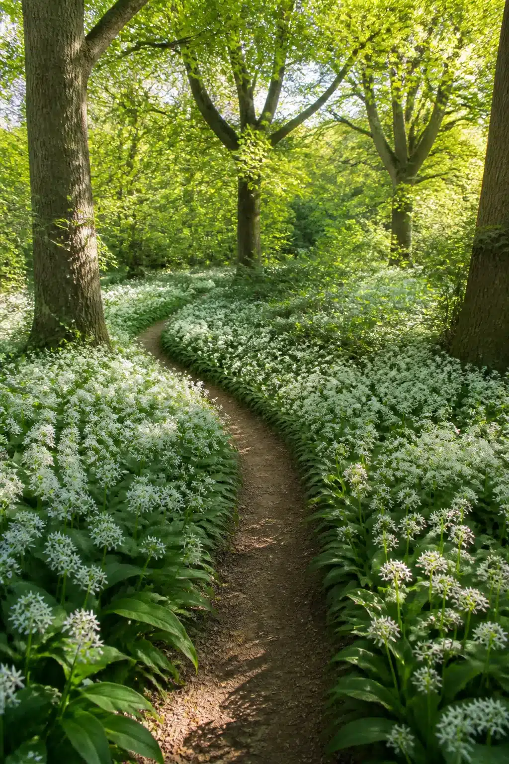Woodland garden path with flowers — wild garlic white drift lining a winding bare earth trail under beech trees