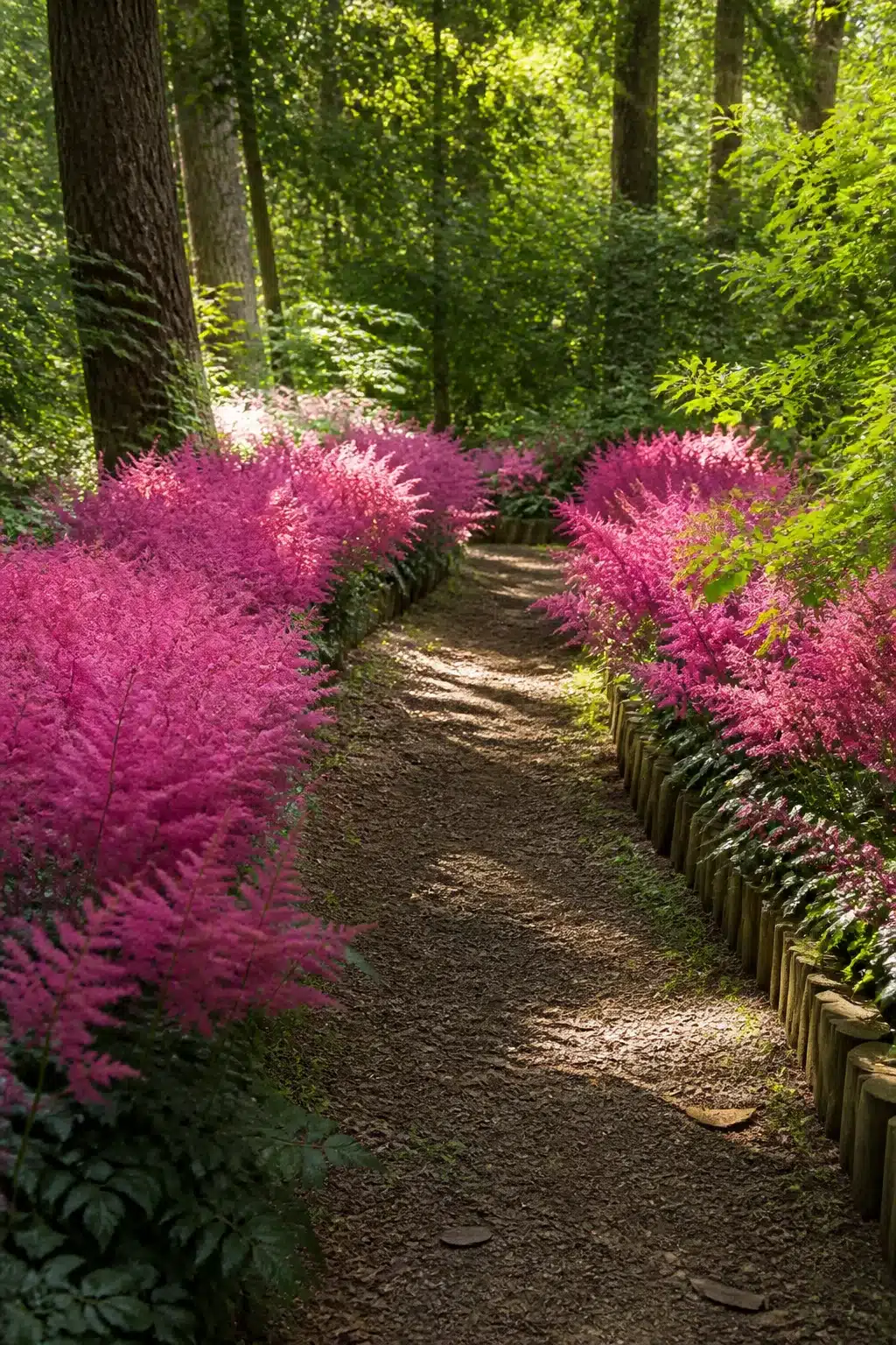 Hot pink astilbe flowers lining a woodland garden path with log edging — woodland garden paths with flowers idea