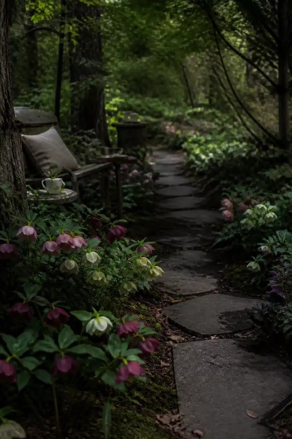 Hellebore flowers lining a dark flagstone woodland garden path with flowers through a shaded green garden