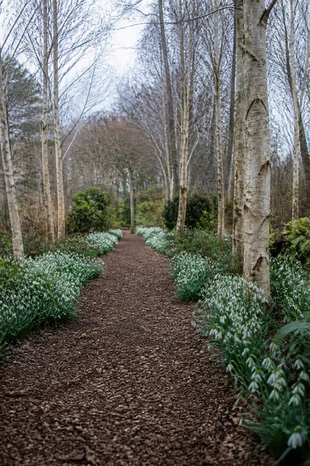 Woodland garden path with flowers — snowdrop drifts lining a dark bark chip walk between silver birch trees.