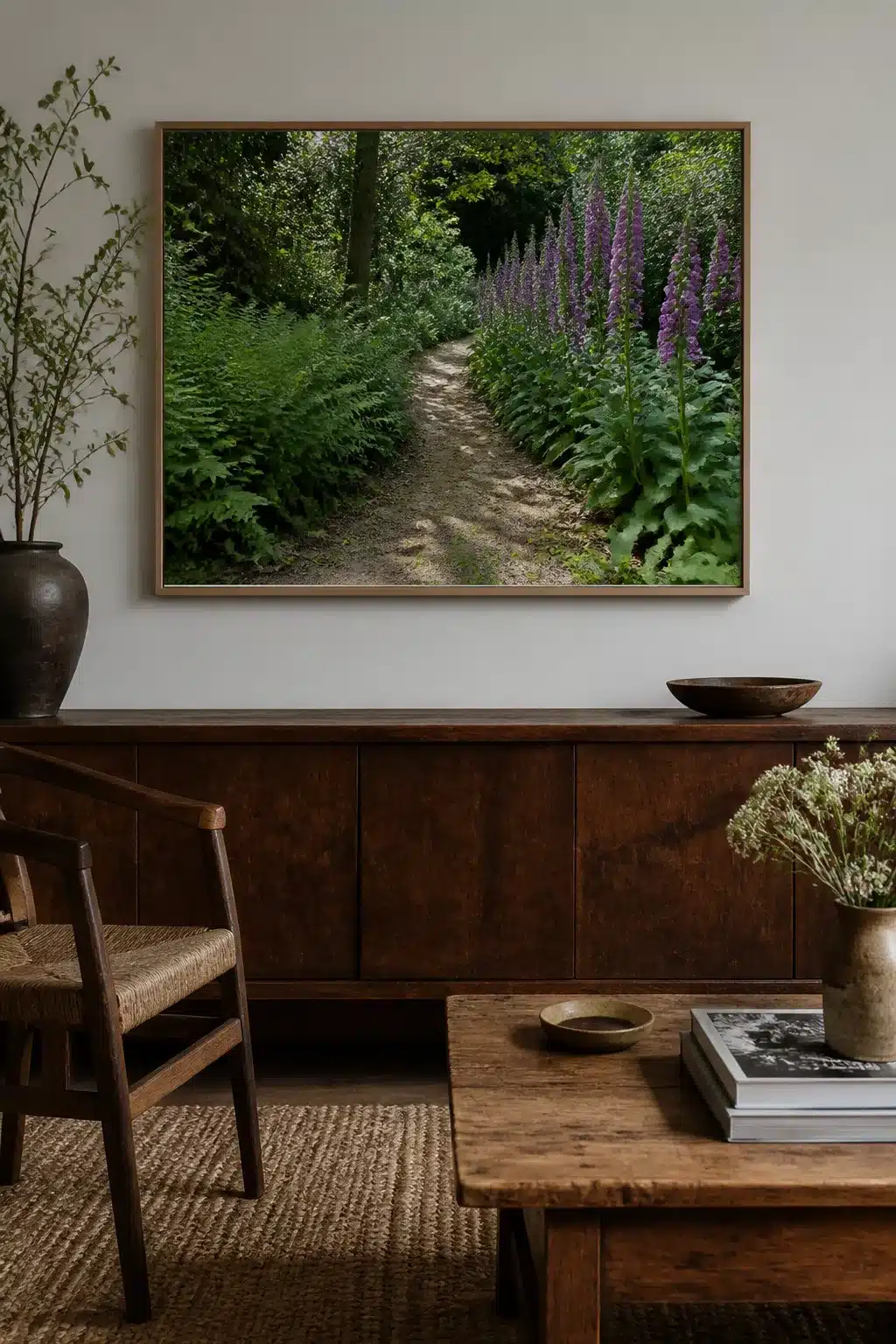 Purple foxglove and ferns lining a curved dirt trail — woodland garden paths with flowers in dappled shade