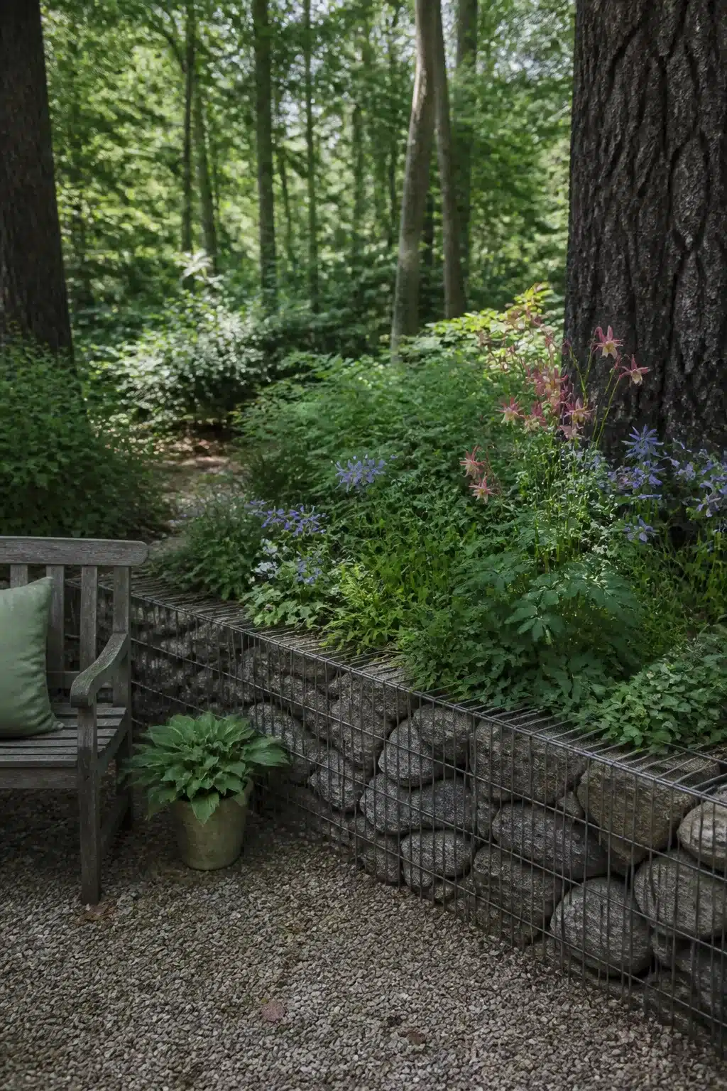 Gabion wire and river stone raised bed in a shaded woodland garden with columbines and ferns — Woodland Garden Raised Beds
