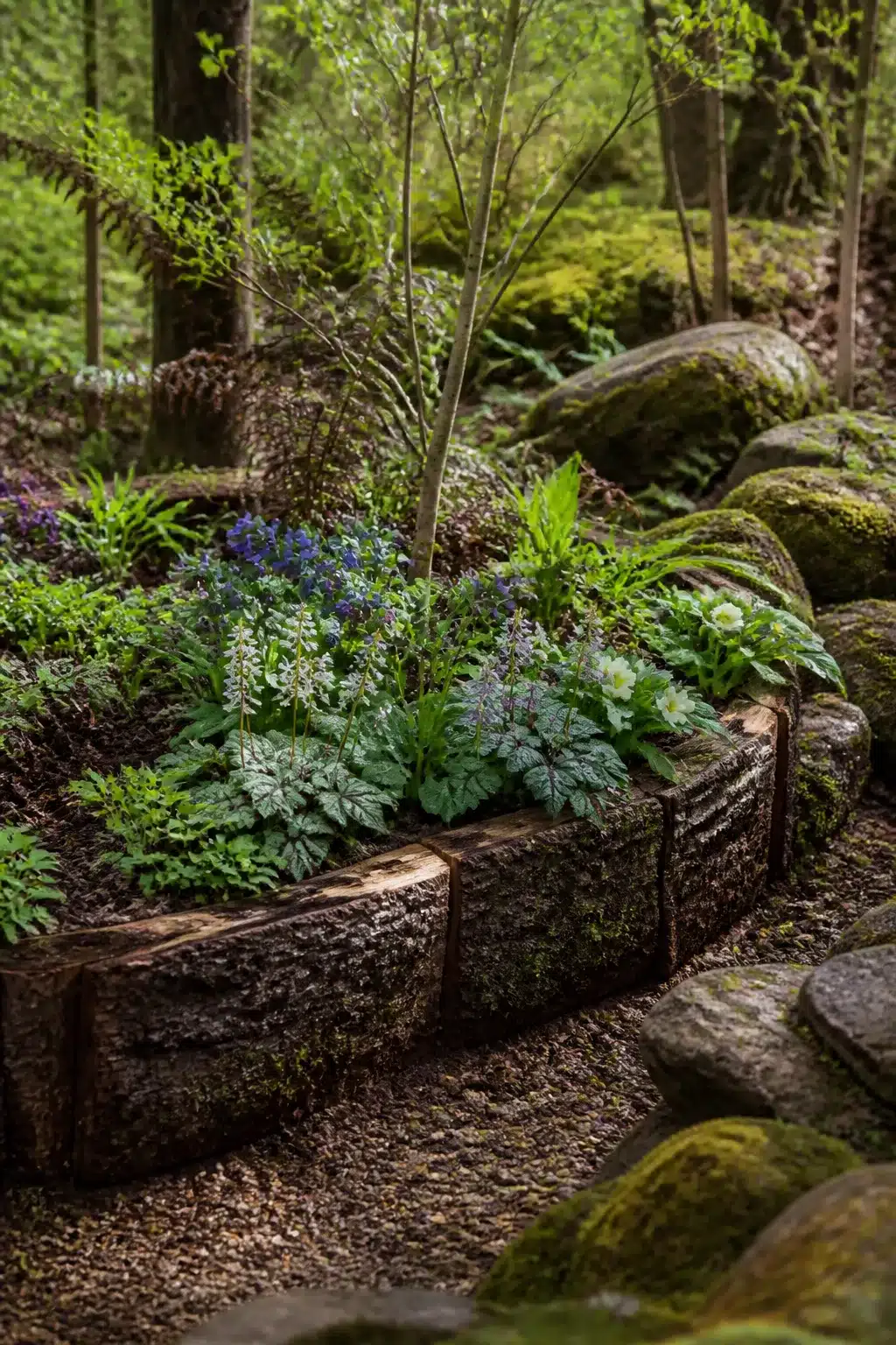 Curved bark-edged woodland garden raised bed with heuchera, ajuga, and a young tree among moss-covered boulders.
