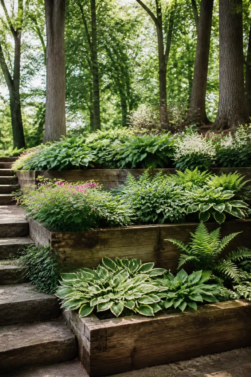 Multi-level woodland garden raised beds built from stacked timber on a shaded slope, planted with hostas and ferns.