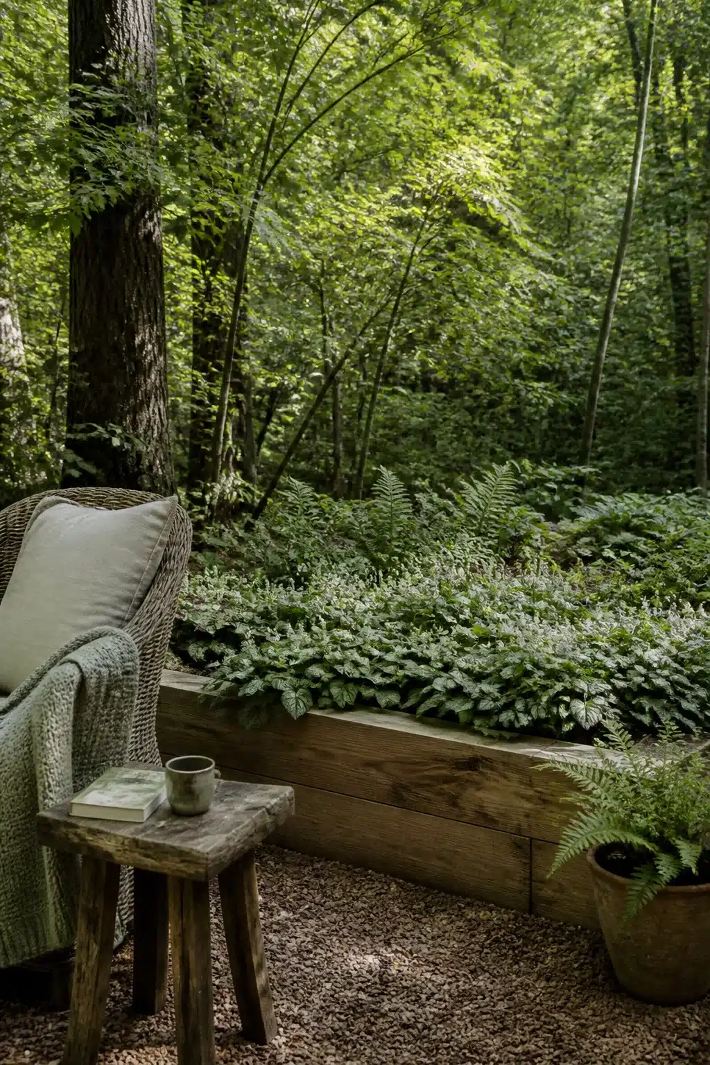 Low cedar plank woodland garden raised bed planted with foam flowers and ferns in a shaded forest setting.