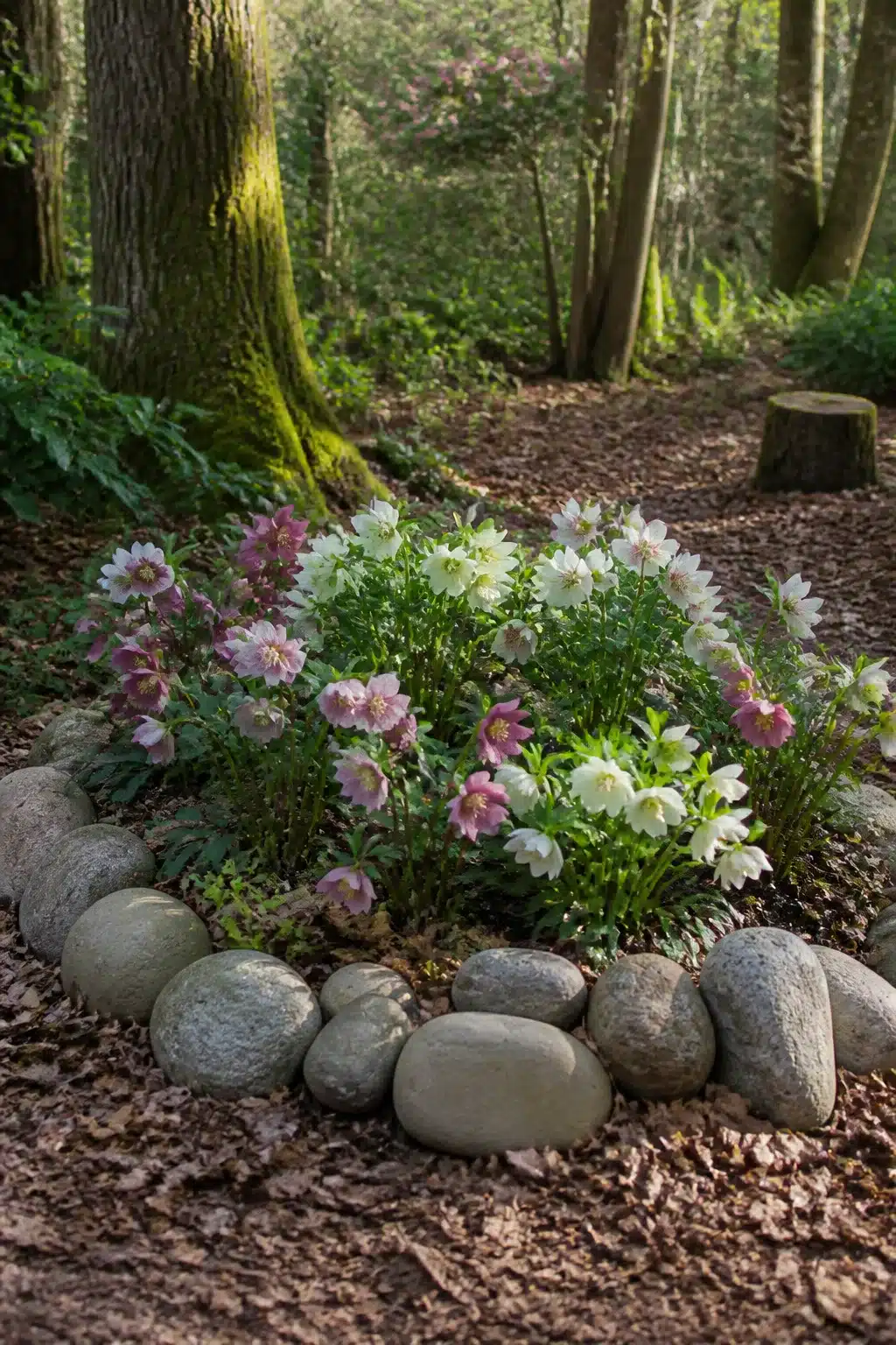 Woodland garden raised bed with a river rock border and mixed pink and white hellebores in dappled shade.