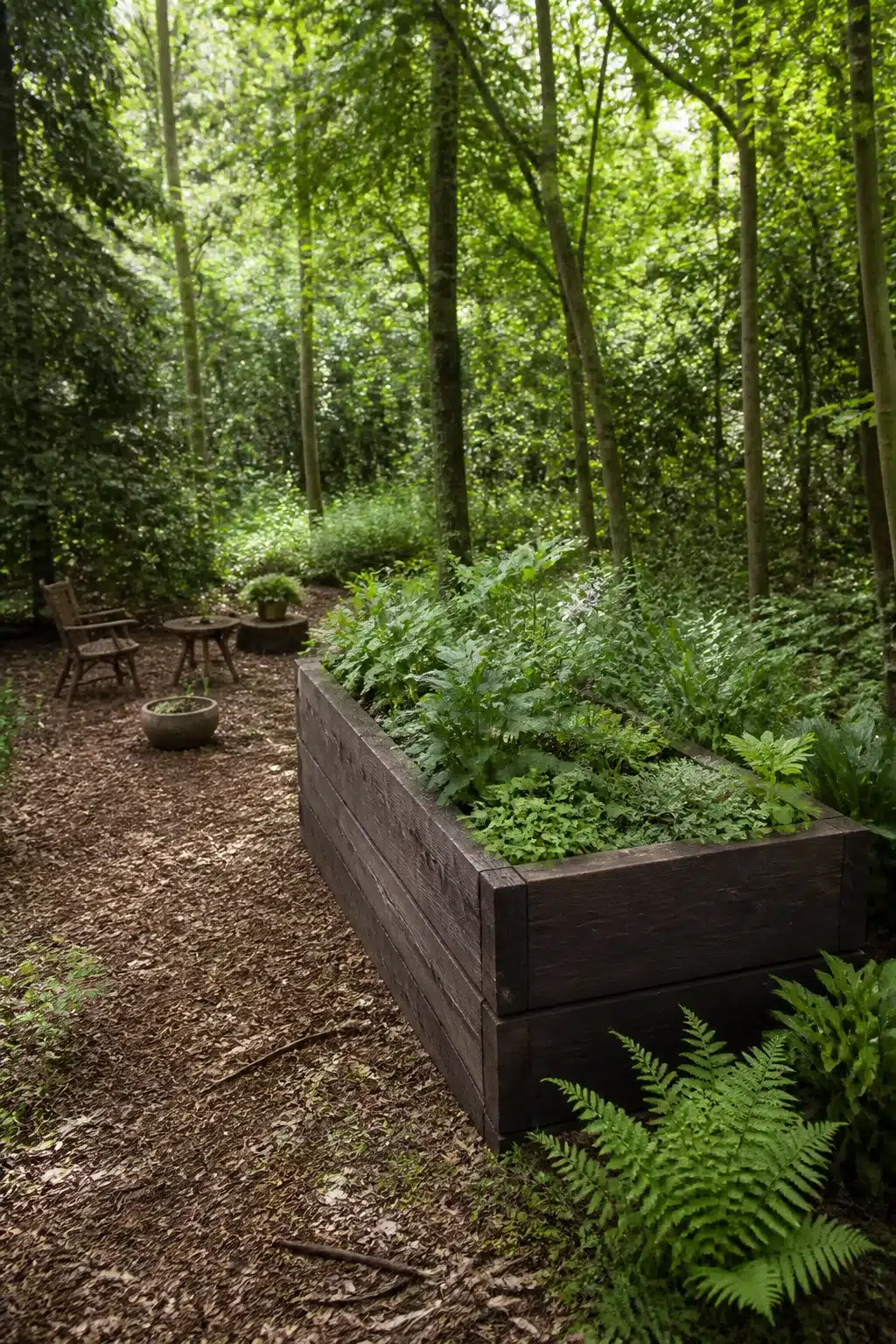 Tall dark stained plank raised bed filled with ferns in a woodland garden — Woodland Garden Raised Beds