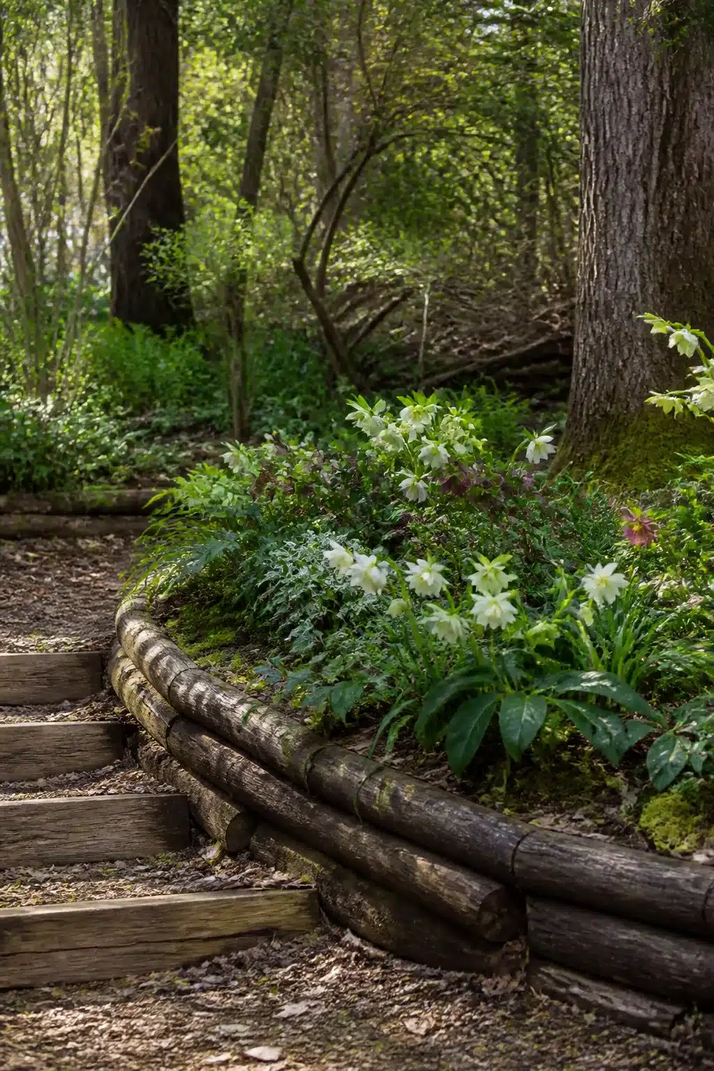 Half-log edged woodland garden raised bed with white hellebores and ferns — naturalistic woodland garden raised beds idea