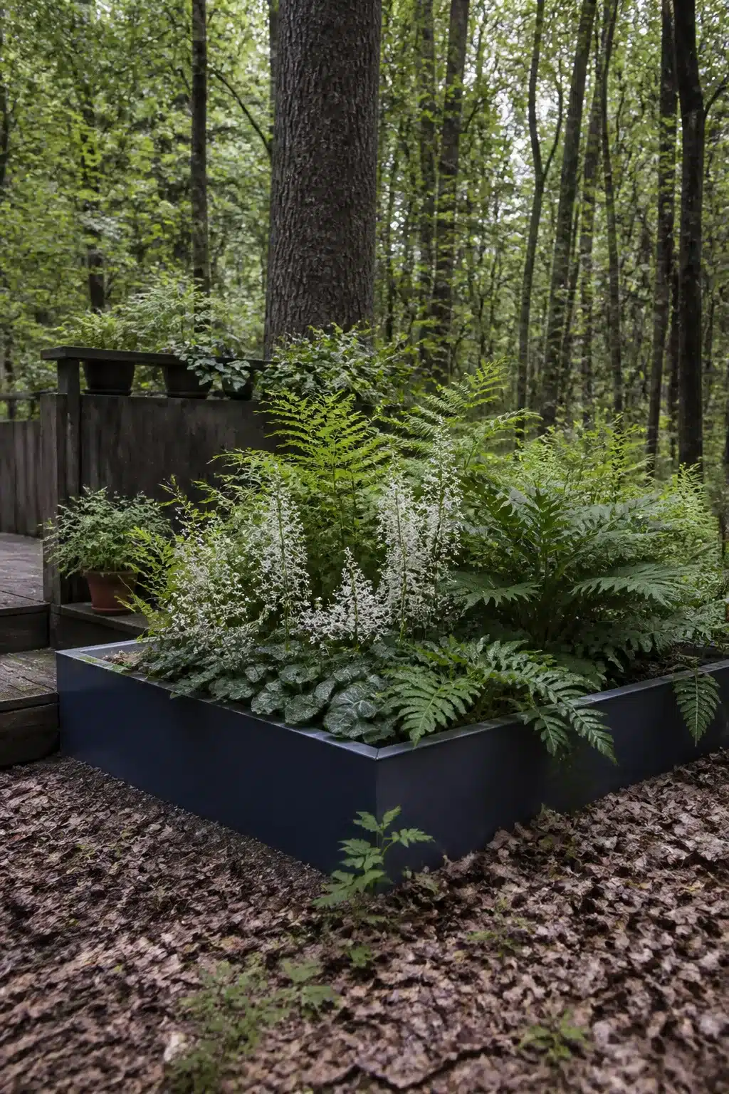 Dark steel woodland garden raised bed with native ferns and white astilbe in a shaded backyard forest setting
