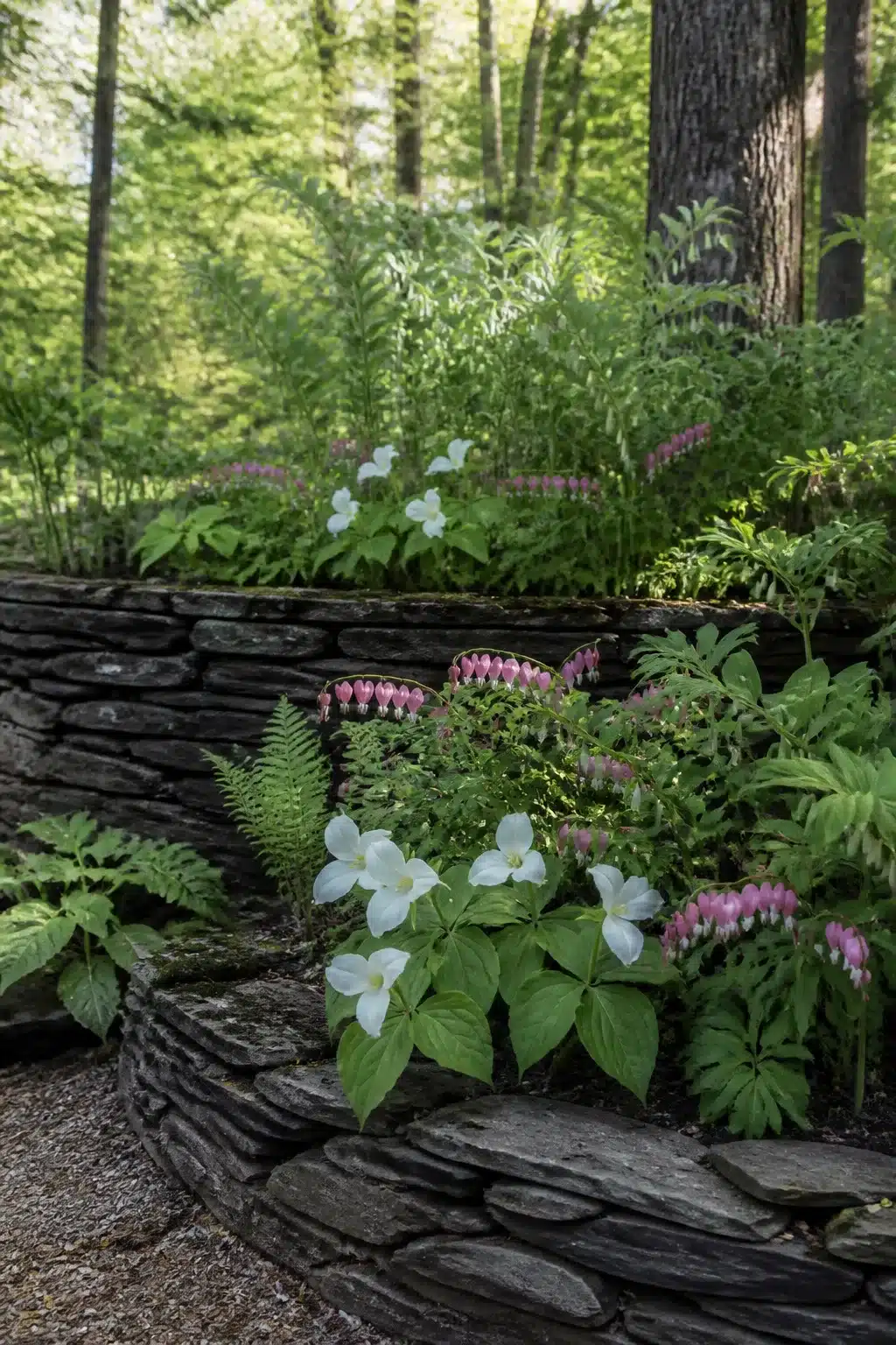 Stacked slate tiered woodland garden raised beds planted with trilliums, bleeding heart, and ferns in a shaded forest setting.