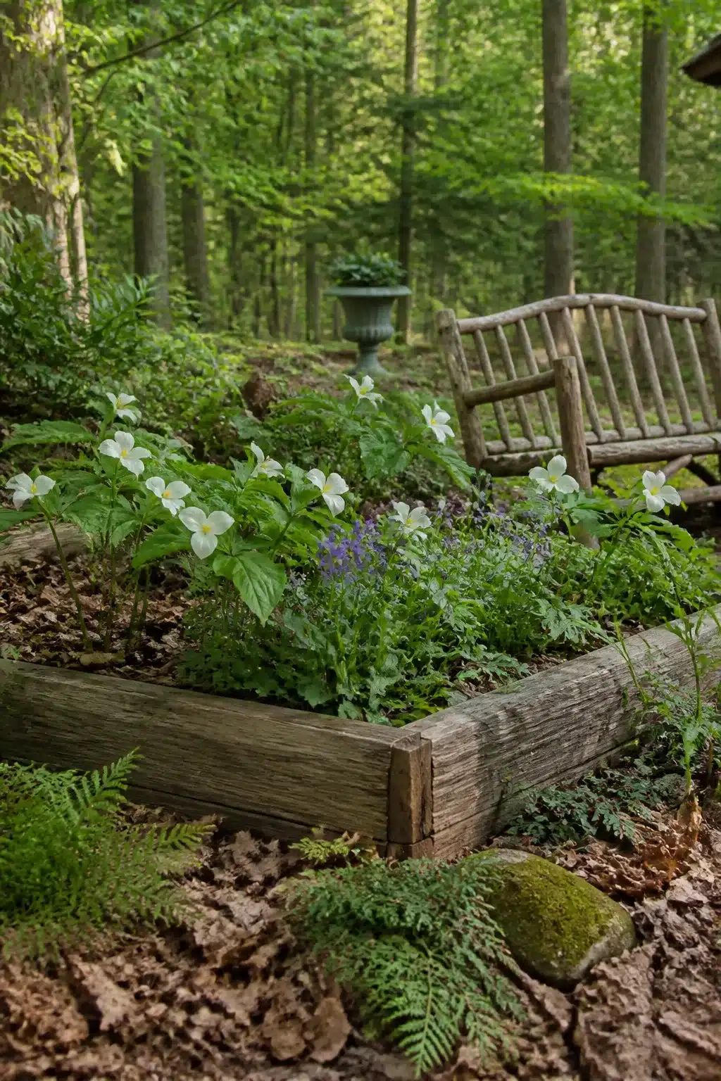 Reclaimed timber woodland garden raised bed with white trilliums, ferns, and a rustic twig bench in background.