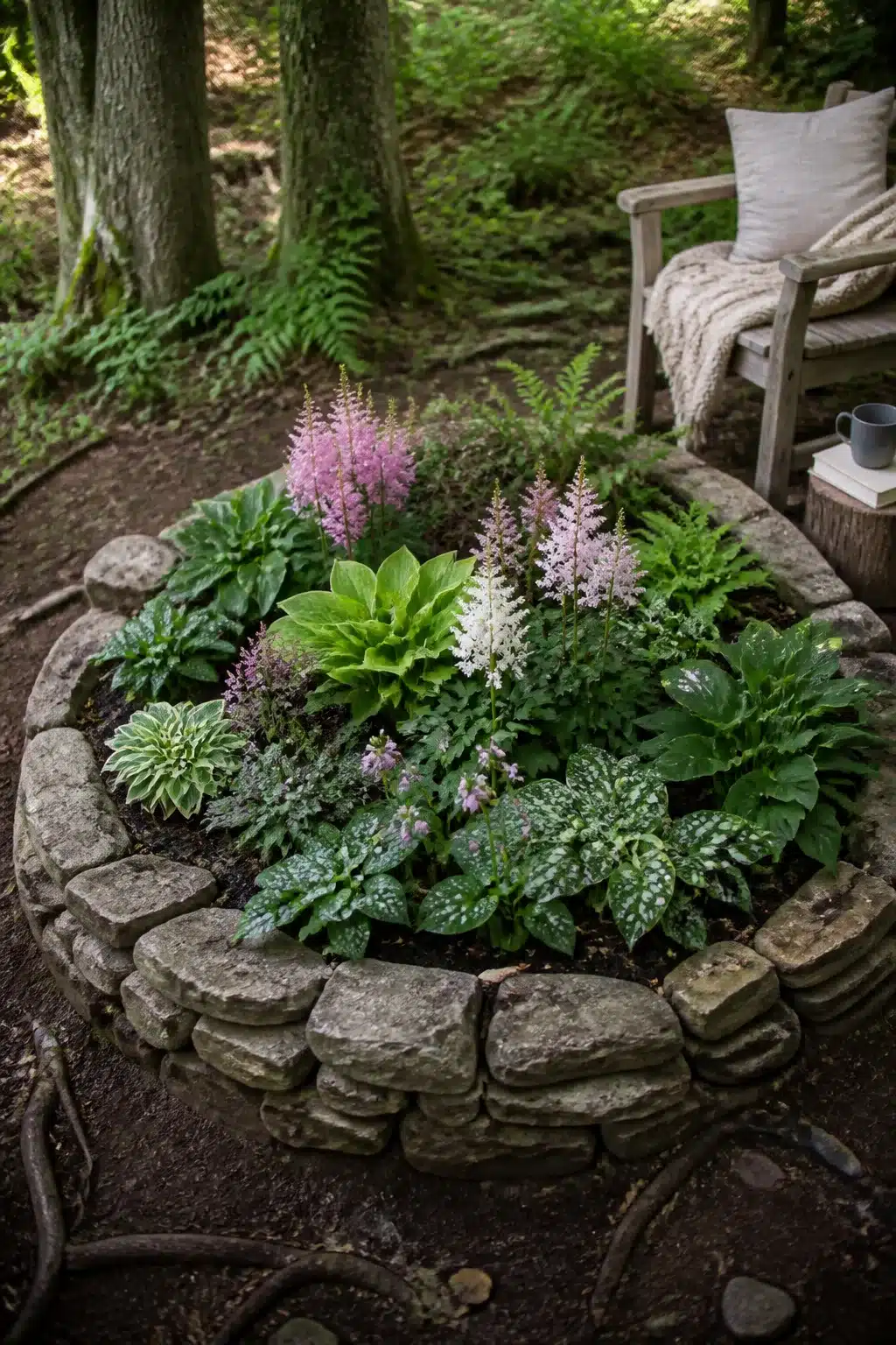 Circular dry-stack stone ring woodland garden raised bed planted with astilbe, hostas, and pulmonaria in dappled shade.