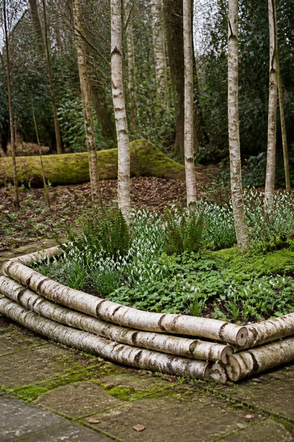 Stacked birch log woodland garden raised bed planted with snowdrops and ground cover in a naturalistic woodland setting.
