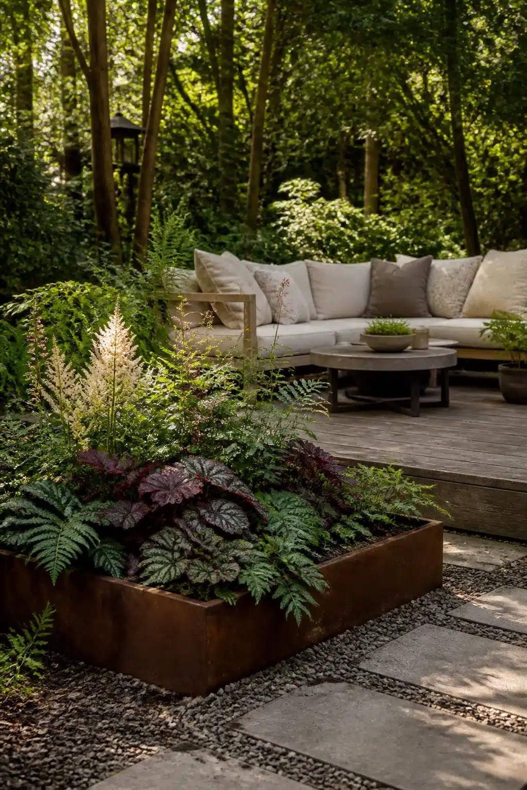 Corten steel woodland garden raised bed with heucheras, ferns, and astilbe beside a shaded deck seating area.