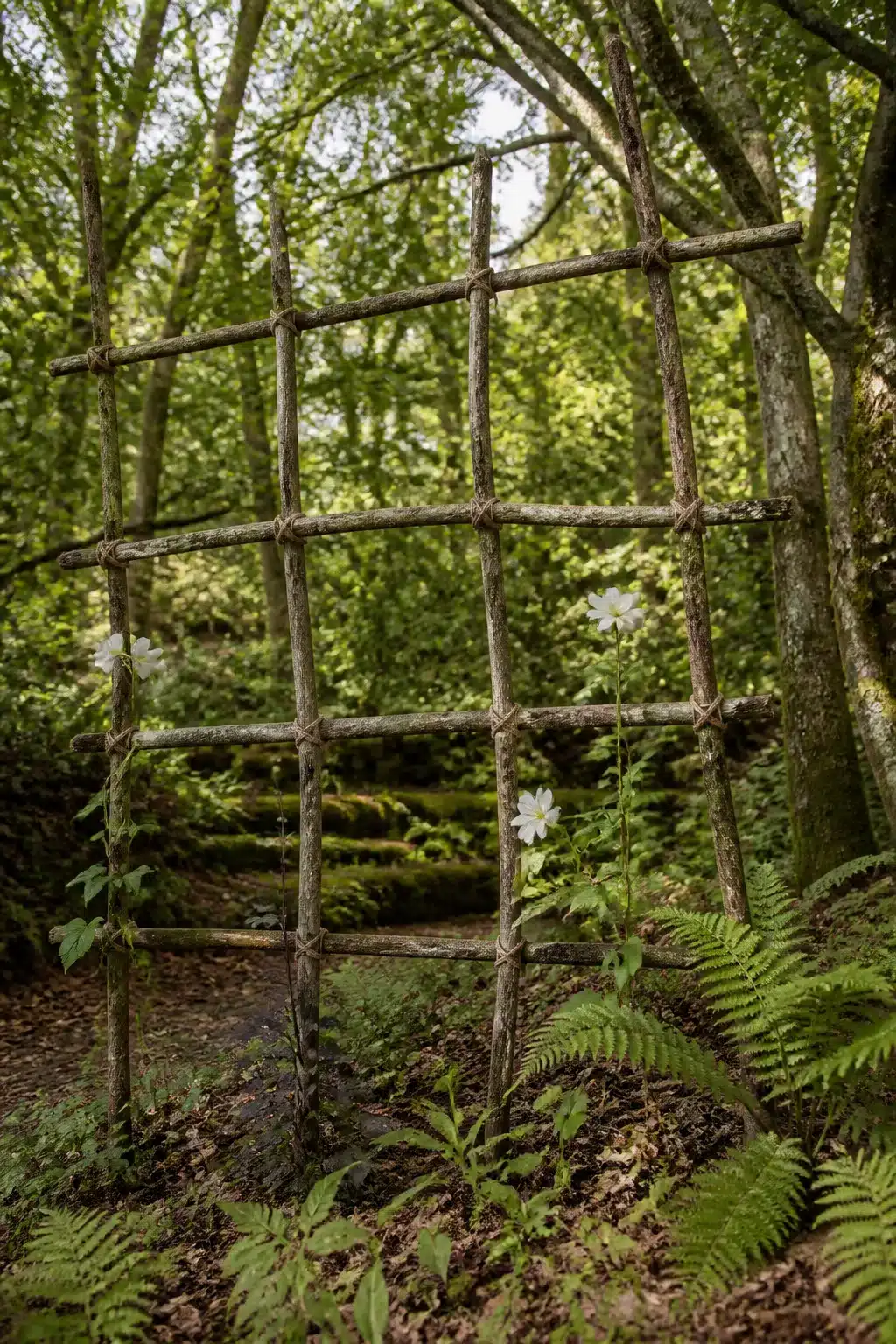 Rustic hazel pole grid trellis with white anemones in a shaded woodland garden — Woodland Garden Trellis Ideas