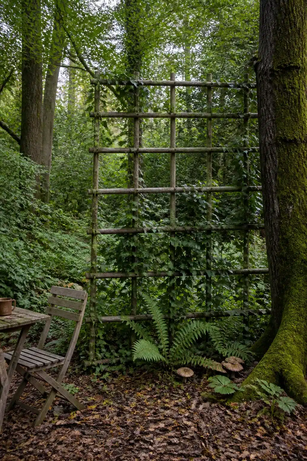 Coppiced chestnut grid trellis leaning against a woodland tree — woodland garden trellis ideas for shady spaces
