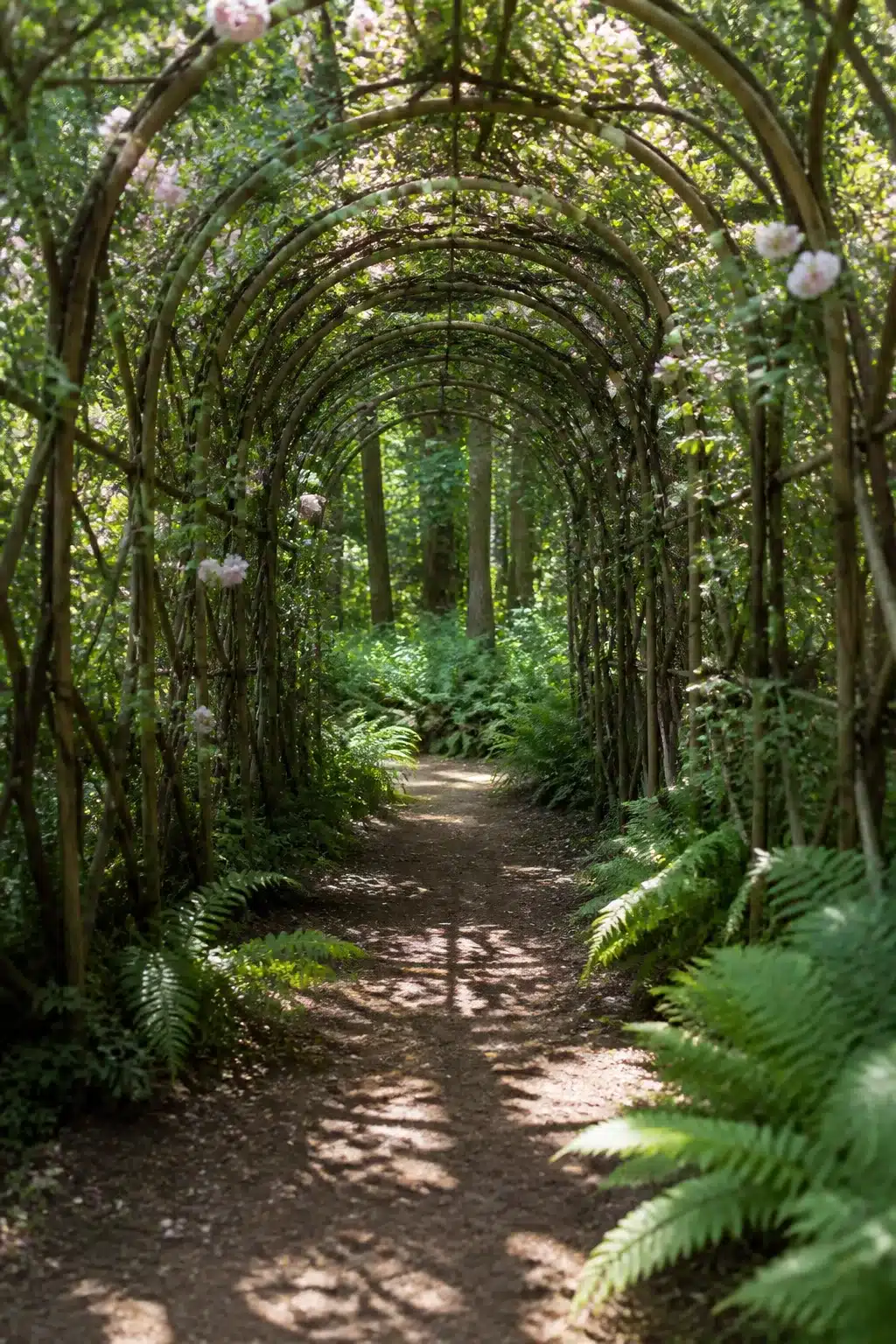 Climbing rose arched tunnel trellis walkway with fern-lined dirt path — woodland garden trellis ideas
