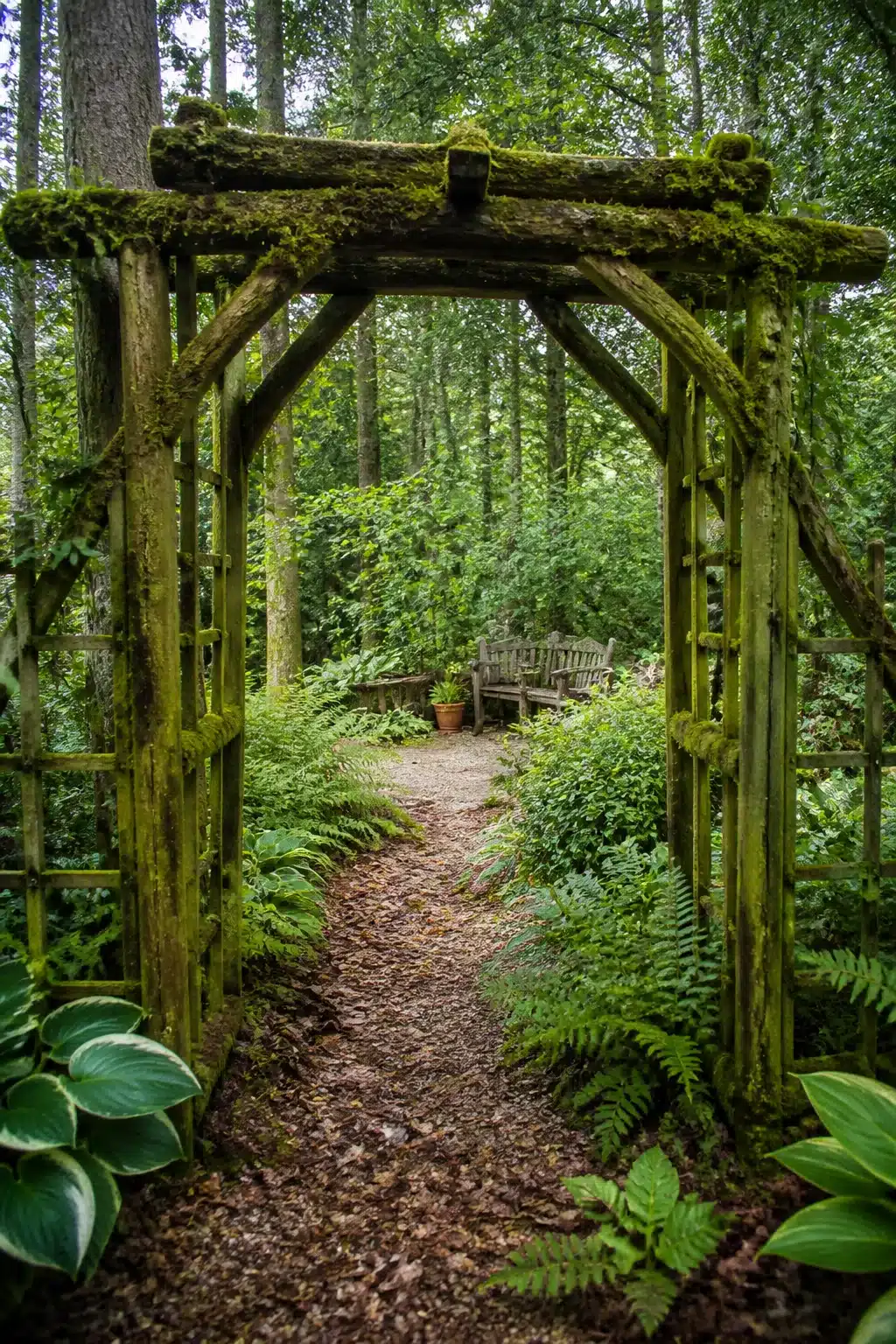 Moss-covered timber arch trellis with fern-lined path in a shaded woodland garden — woodland garden trellis ideas
