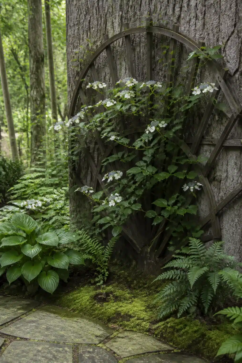 Fan trellis with climbing hydrangea leaning against tree trunk in a shaded woodland garden setting