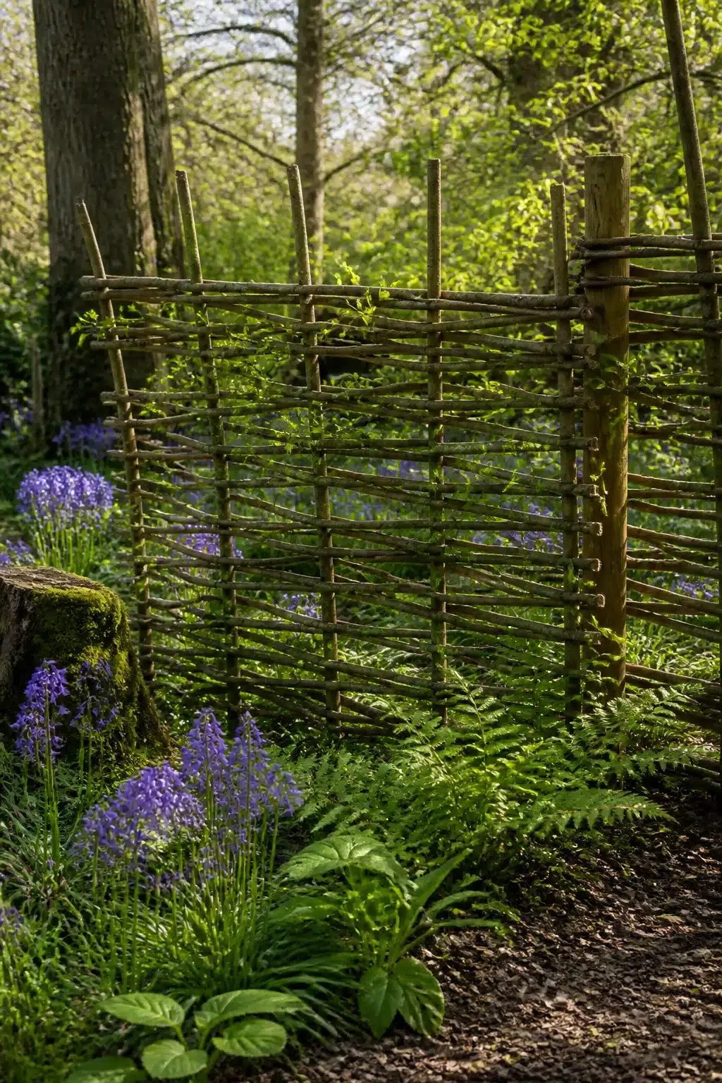 Woven willow trellis panel with bluebells and ferns in a shaded woodland garden — woodland garden trellis ideas
