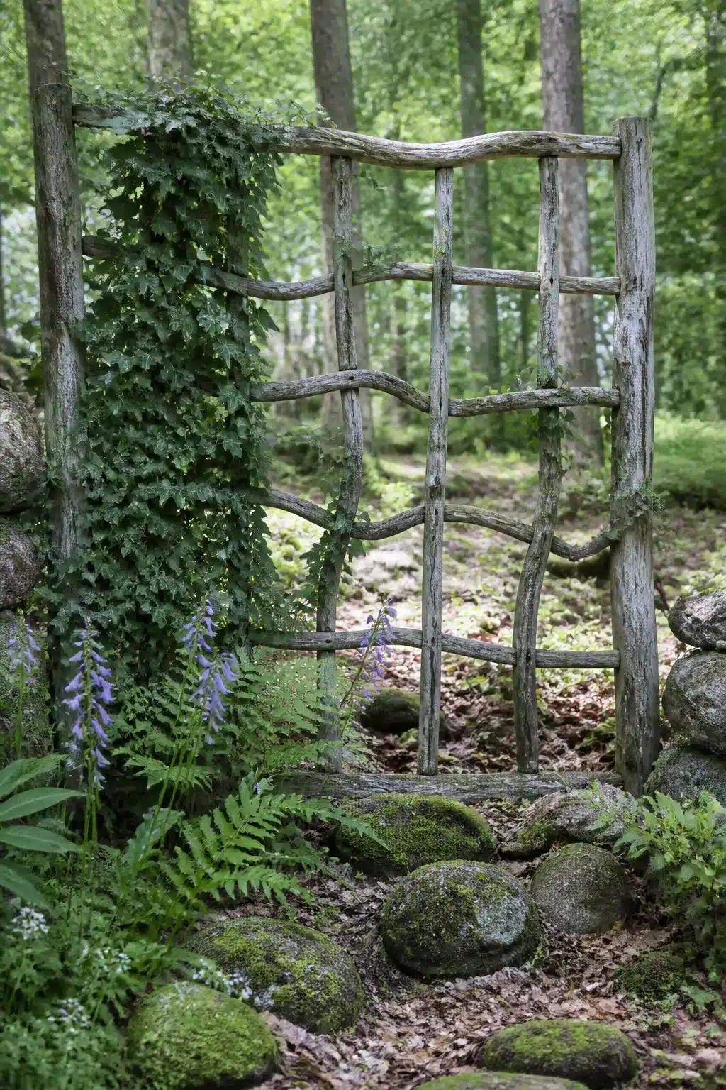 Weathered branch grid trellis with ivy and ferns in a natural woodland garden — Woodland Garden Trellis Ideas