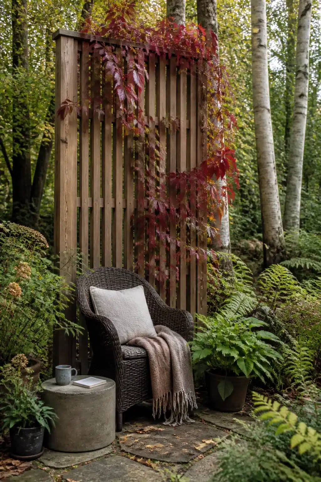 Tall slatted wood trellis screen with Virginia creeper in a woodland garden — woodland garden trellis ideas