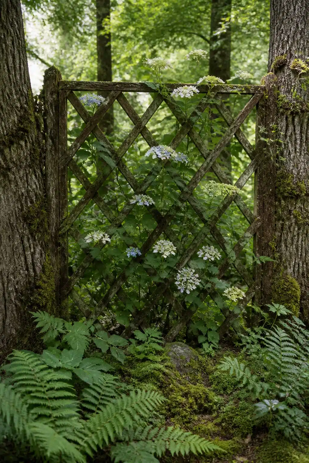 Diamond lattice bark trellis between woodland trees with lacecap hydrangeas — Woodland Garden Trellis Ideas