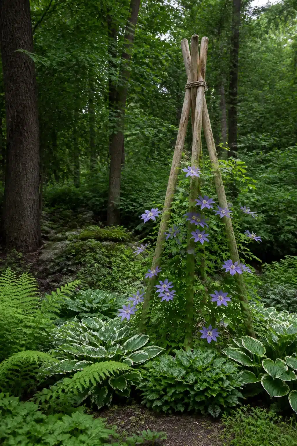 Rustic pole tripod trellis with purple clematis in a shaded woodland garden — Woodland Garden Trellis Ideas