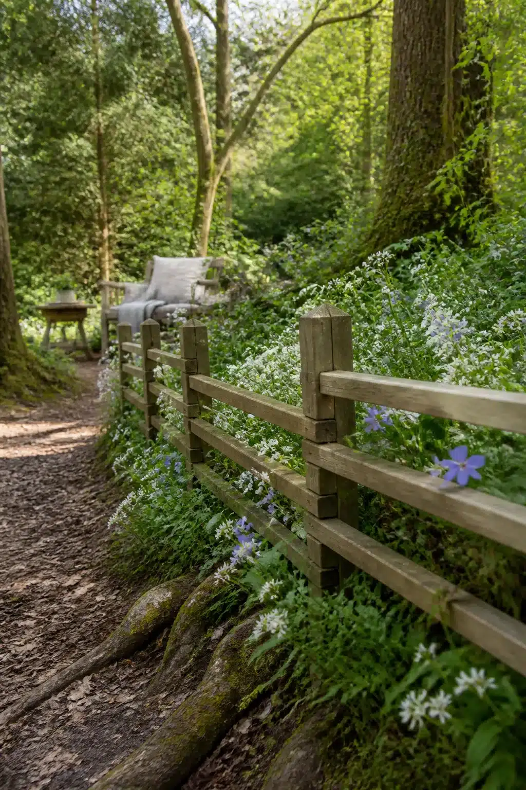 Low split-rail wooden fence with wildflowers along a woodland garden path — woodland garden trellis ideas