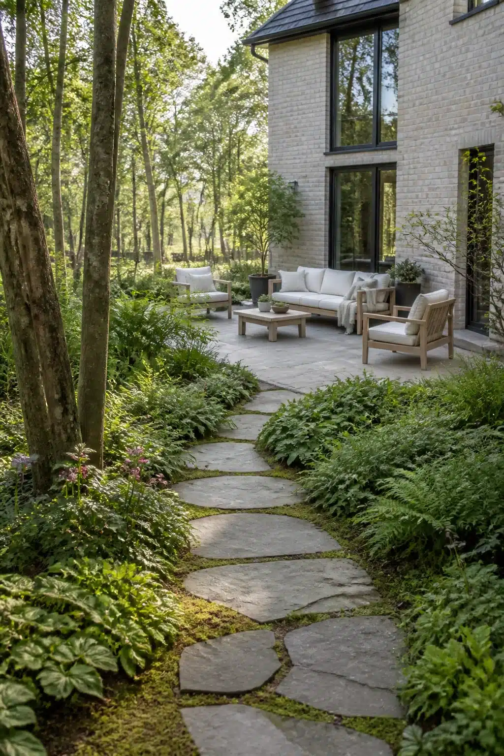 Flagstone stepping stone path with moss joints in a woodland garden at a new build house with naturalistic planting
