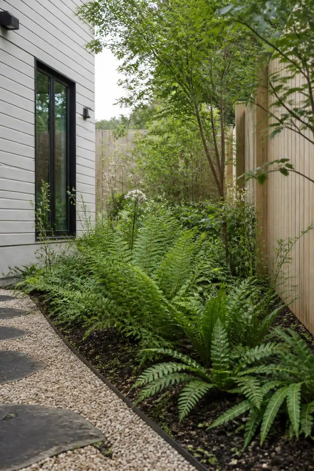 Fern-filled side border with dark mulch and gravel path — woodland garden for new build houses