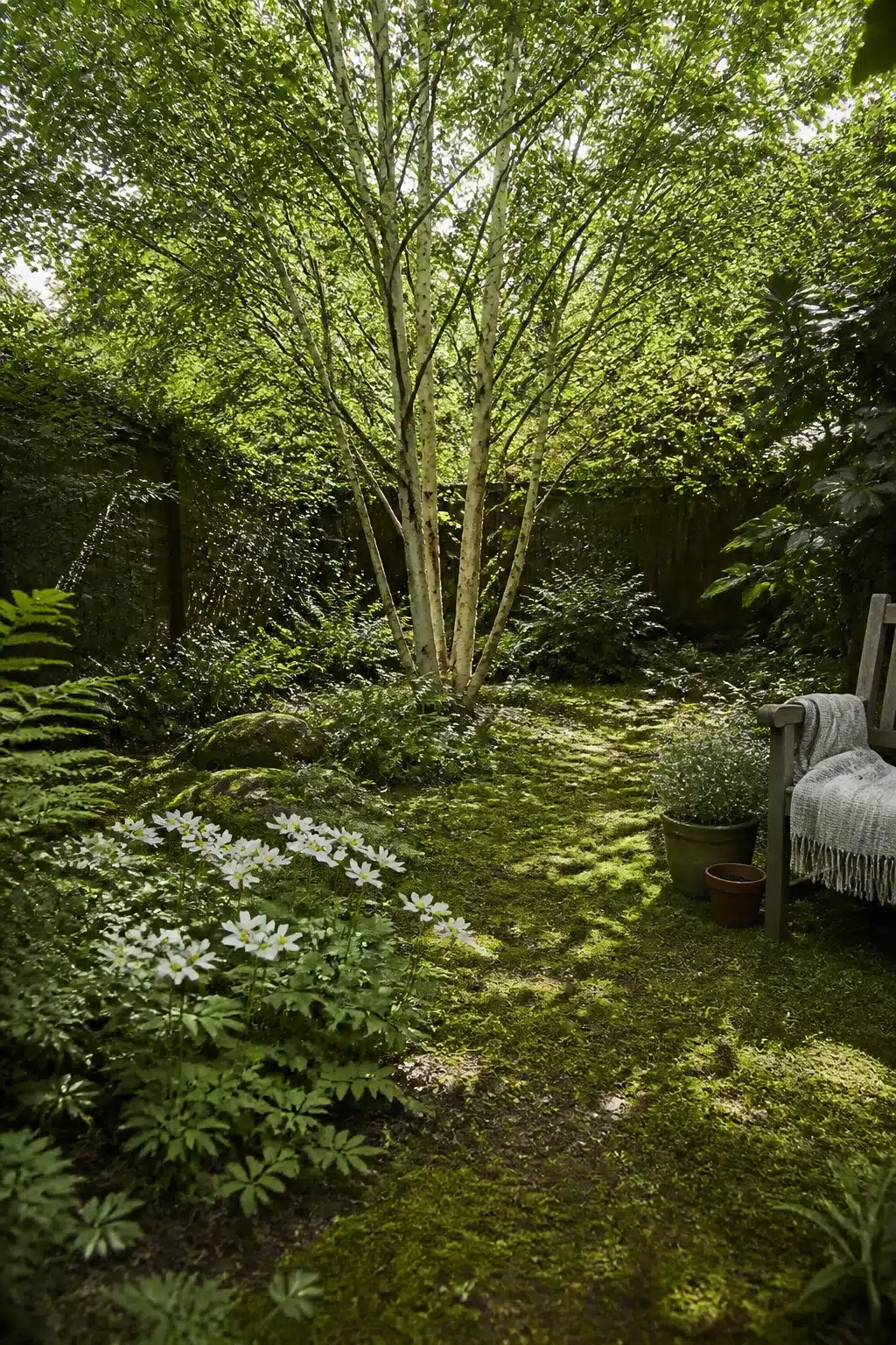White-barked multi-stem birch with moss ground cover in a small woodland garden — Woodland Gardens For Small Gardens