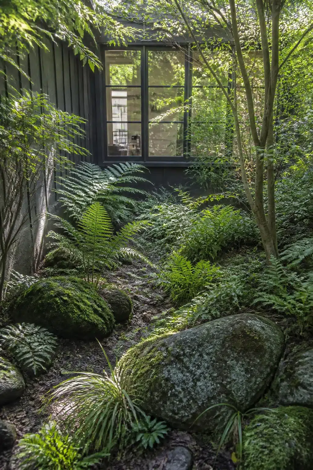 Moss-covered boulders and ferns in a small woodland garden — naturalistic planting ideas for woodland gardens for small gardens.
