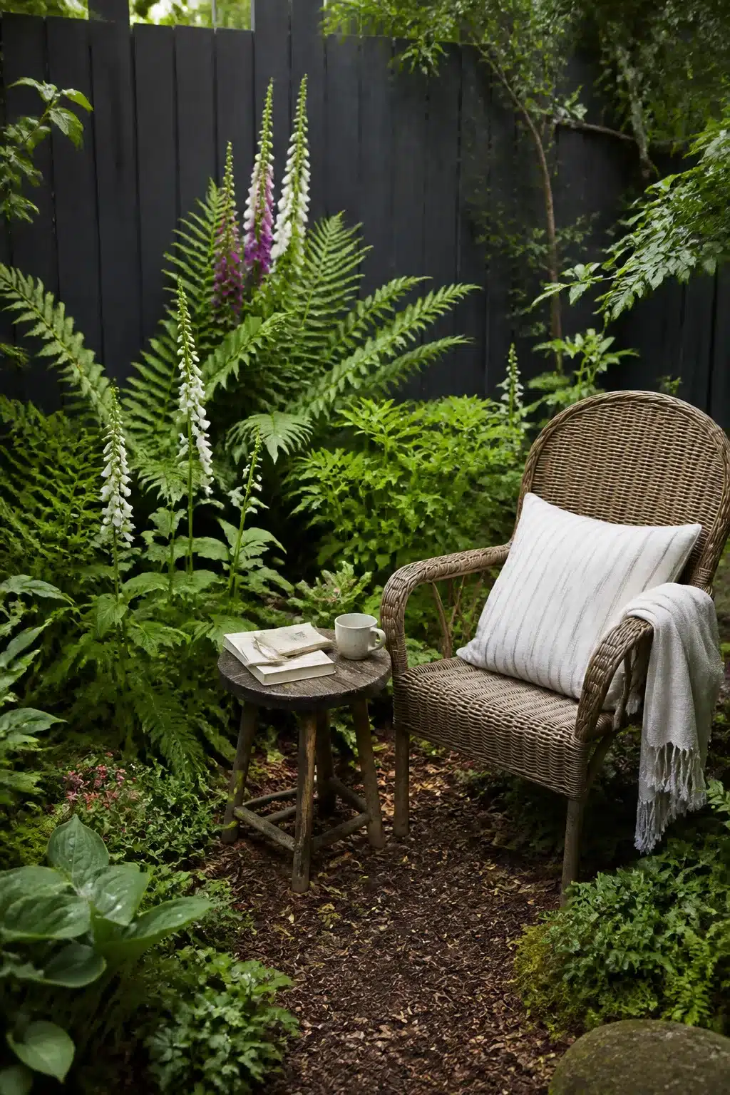 Wicker chair in a small woodland garden with dark painted fence, ferns, and foxgloves — woodland gardens for small gardens