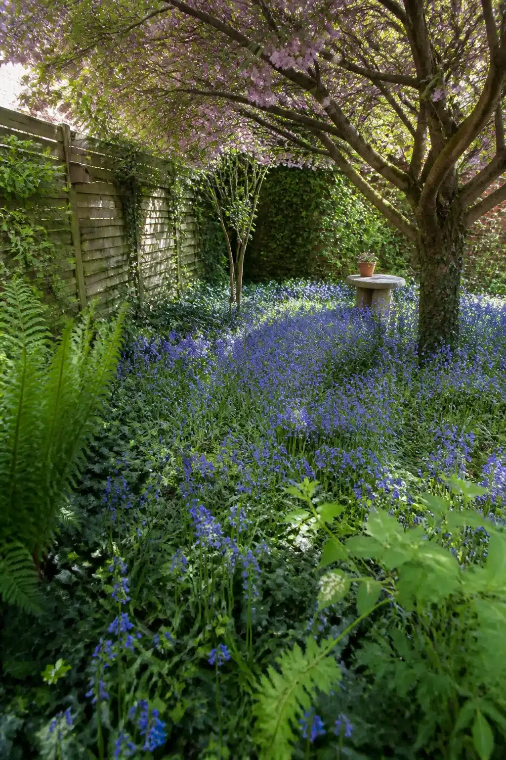 Bluebell drift and stone birdbath under ornamental cherry — woodland gardens for small gardens with naturalistic planting
