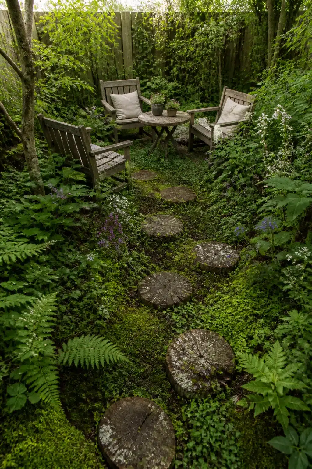 Lichen-covered log slice stepping path through moss ground cover — woodland gardens for small gardens idea