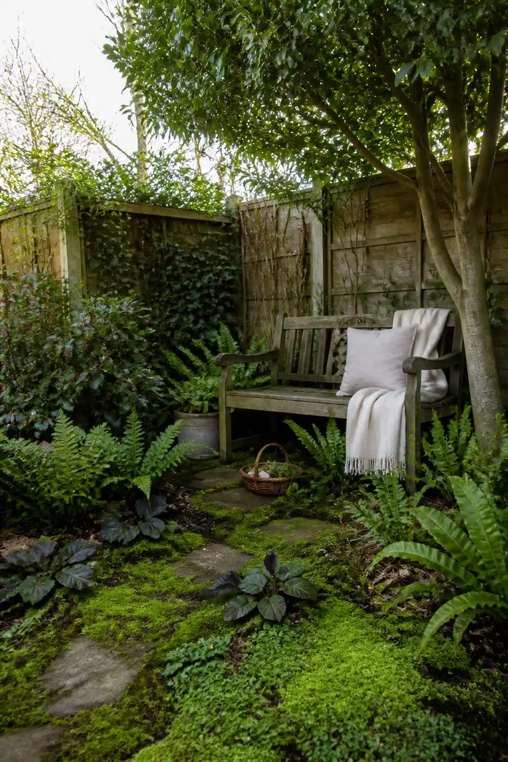 Ivy-clad fence with ferns and moss ground cover — woodland garden ideas for small gardens with a bench nook