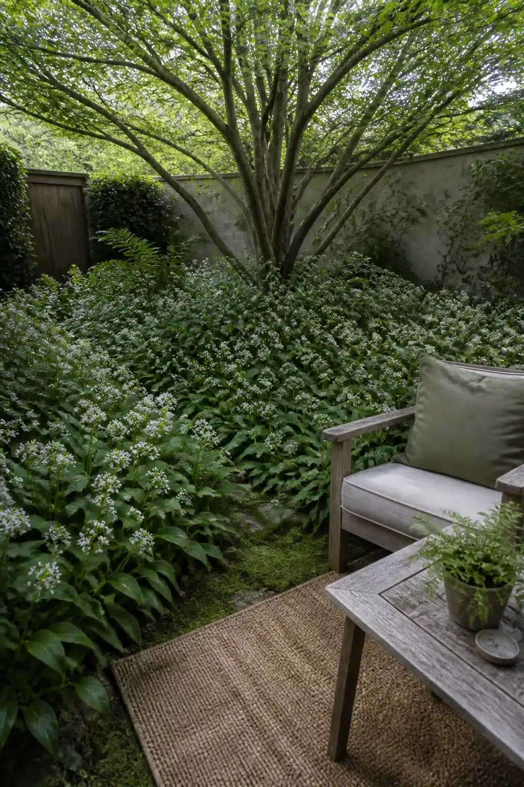 Wild garlic ground cover drift in a small woodland garden with naturalistic planting and jute rug seating area