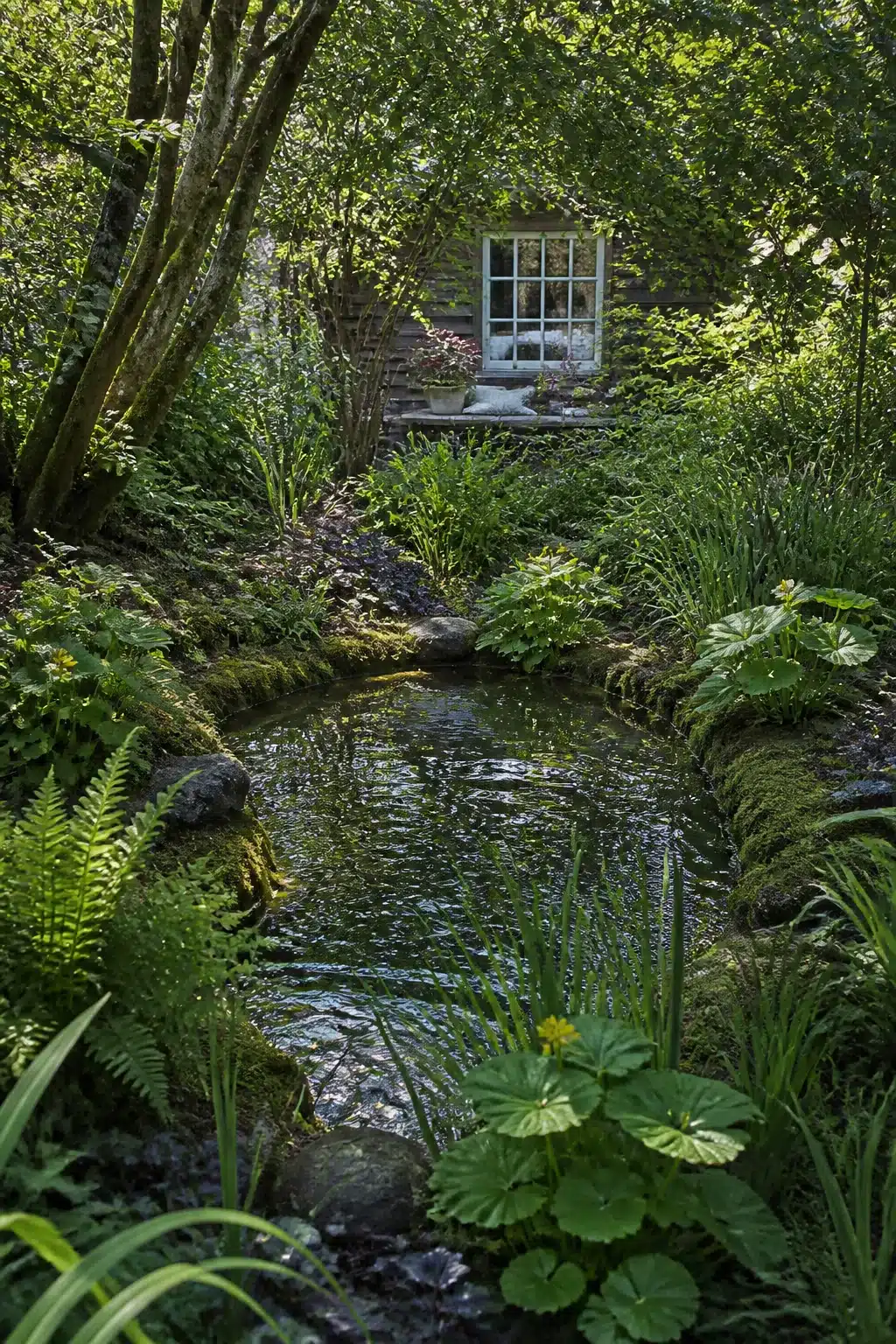 Still water woodland pond with moss stones and fern planting — woodland gardens for small gardens idea