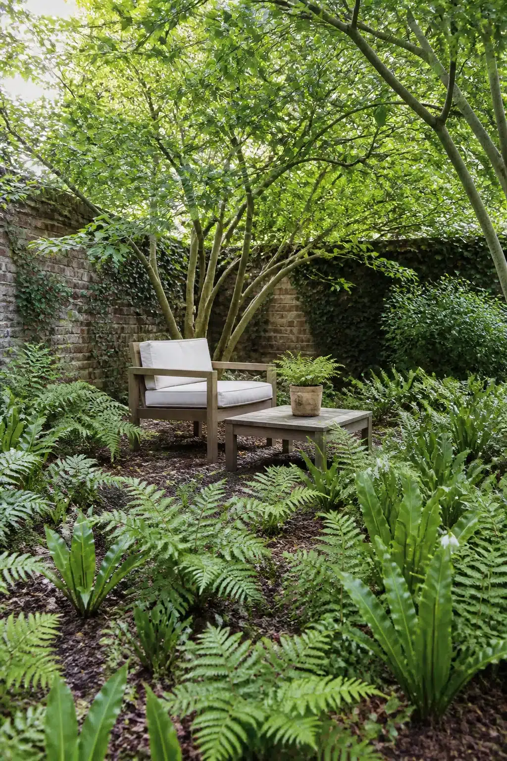 Fern carpet ground cover with teak armchair in a shaded woodland garden for small gardens